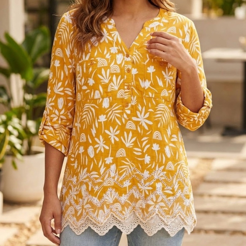 Le Grenier Mustard Yellow Floral Boho Top Shirt Eyelet Lace Hem Cottagecore Chic